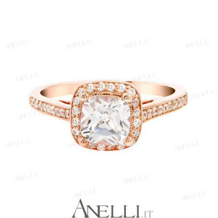 Anello Halo Oro Rosa Diamante Cuscino