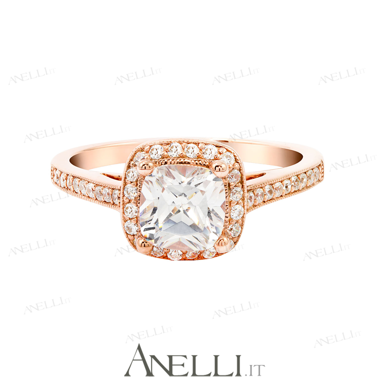 Anello Halo Oro Rosa Diamante Cuscino